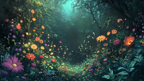 Magical Forest Flower Garden with Glowing Light.