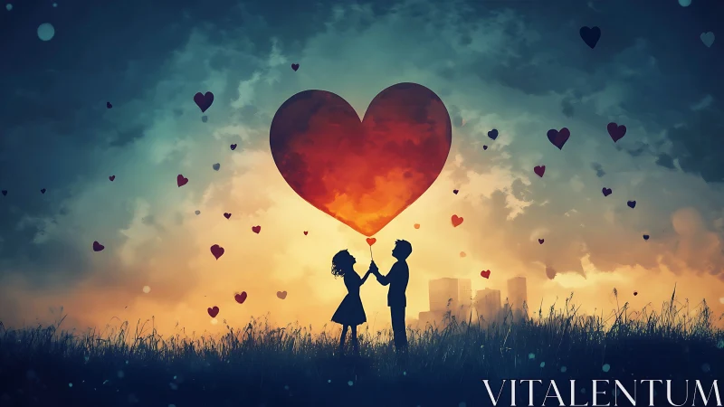 Two Lovers Release Heart Balloon Into Golden Sunset Sky