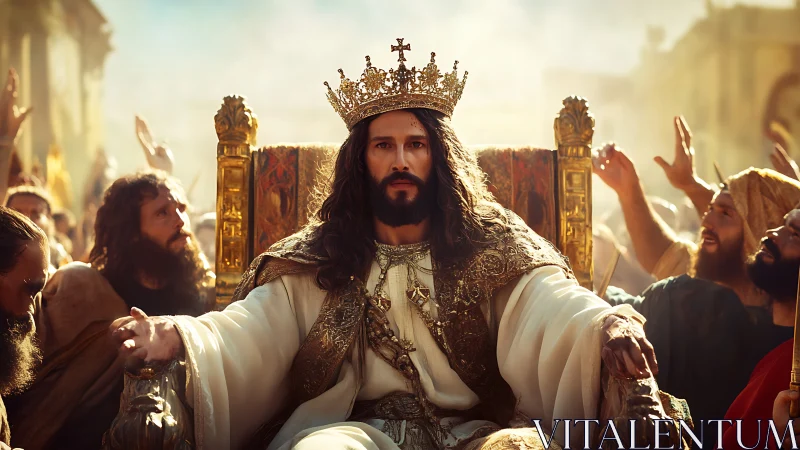 Bearded king wearing golden crown sits on ornate throne