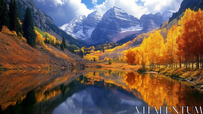 Golden autumn aspens mirror snowcapped peaks in still lake