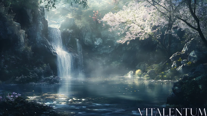 Tranquil waterfall pool beneath soft blooming spring trees.
