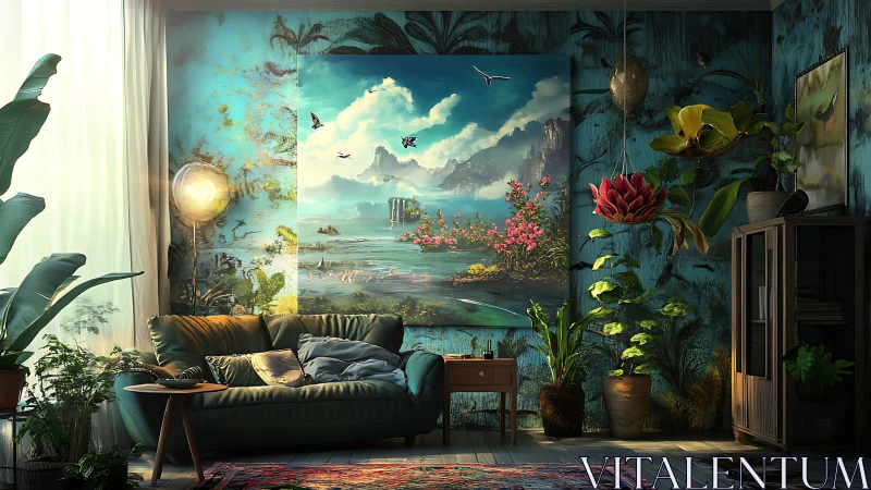 Lush living room with large coastal landscape painting.