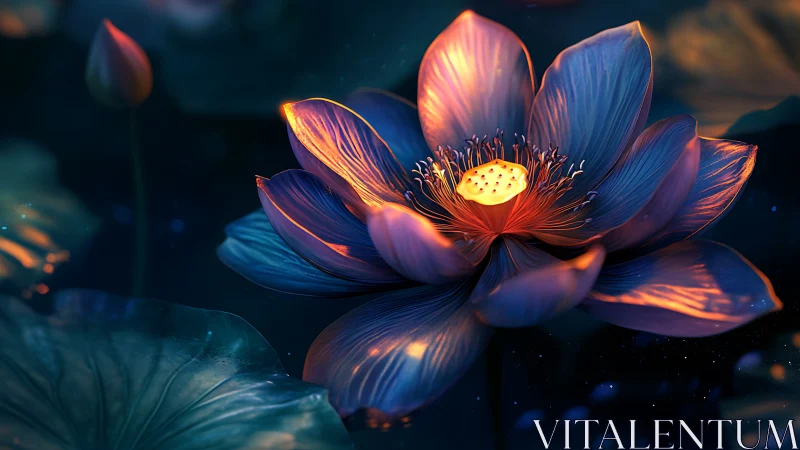 Luminescent lotus flower with gradient blue-orange petal lighting