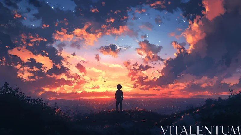 Solitary figure on hill observing dense sunset cloudscape.