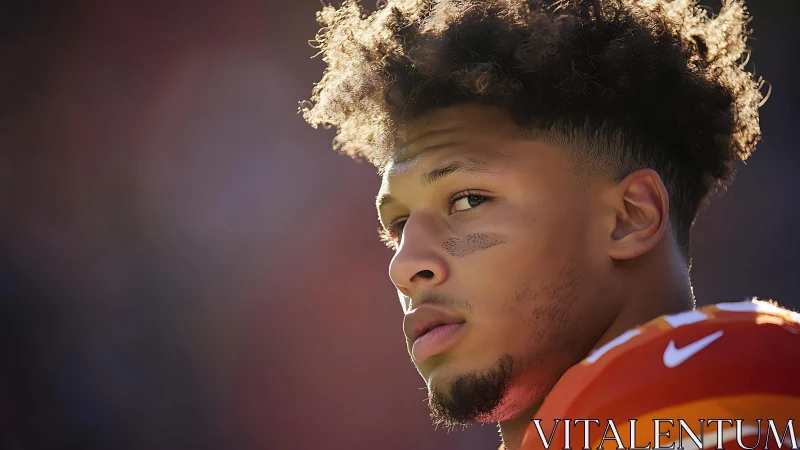 Gridiron quarterback portrait in warm sideline sunlight.
