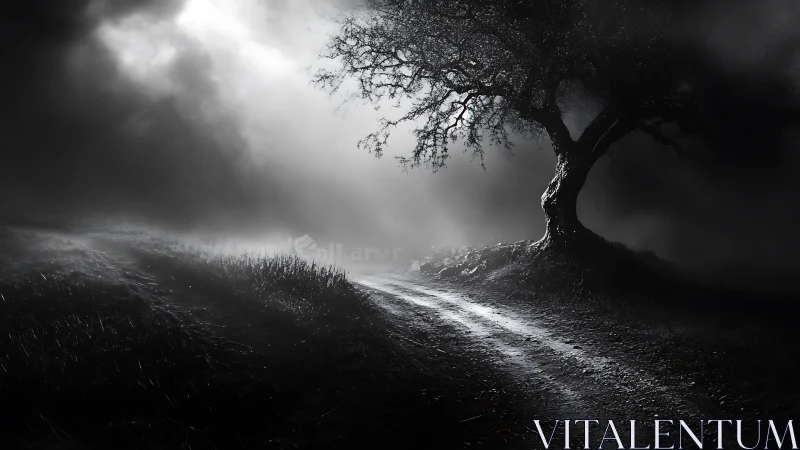 Monochrome dirt road curving past gnarled tree in dense fog