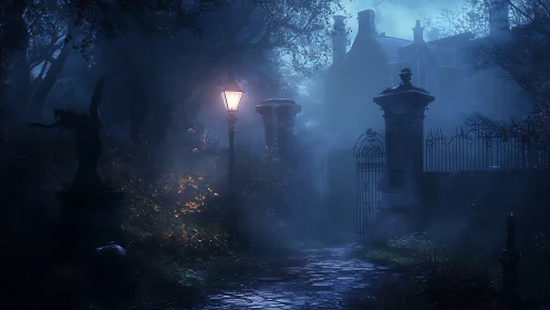 Foggy manor gate glows under lone lamppost at midnight