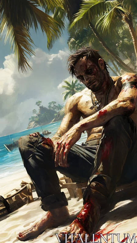 Injured man seated on tropical shoreline under palm trees.