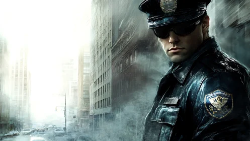 Police officer stands in reflective uniform on misty city street