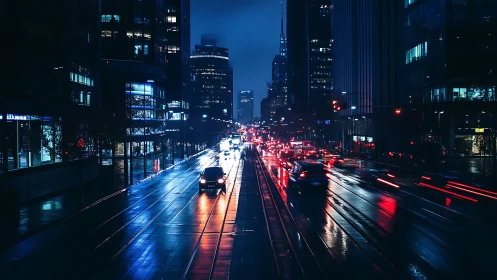 Rain-soaked city avenue glows under blue and red night lights