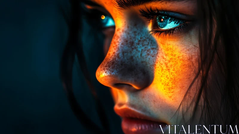 High contrast portrait isolates freckled skin in dual color lighting