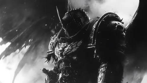 Dark armored angelic warrior stands in stormy monochrome.