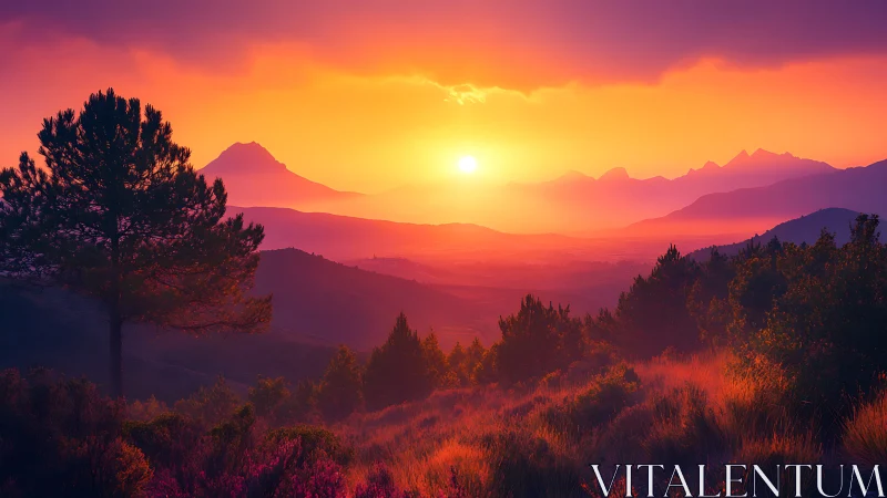 Radiant alpine sunset over layered violet mountain ridges.