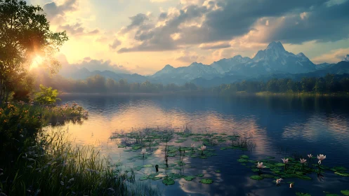 Sunlit alpine lake with lilies under glowing evening sky.