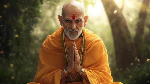 Elderly monk in orange robes under soft forest backlight meditating