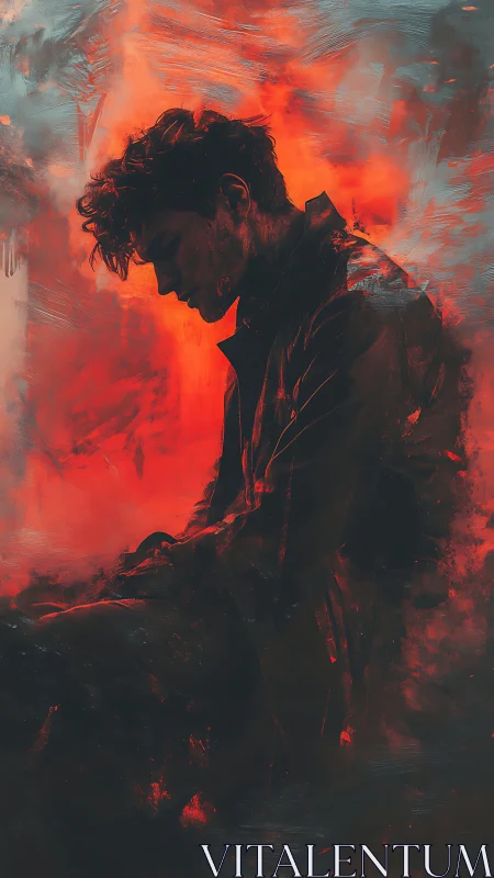 Silhouetted male profile is rendered against diffuse red backdrop