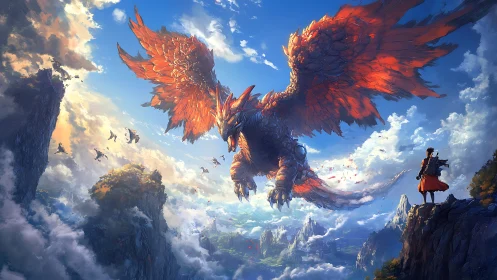 Giant red‑winged dragon confronts lone figure on cliff