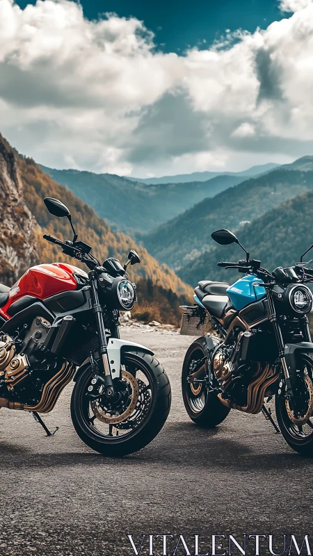 Twin mountain streetfighters pause on a sky-brushed pass.