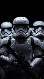 Photorealistic armored troopers in tight frontal formation.