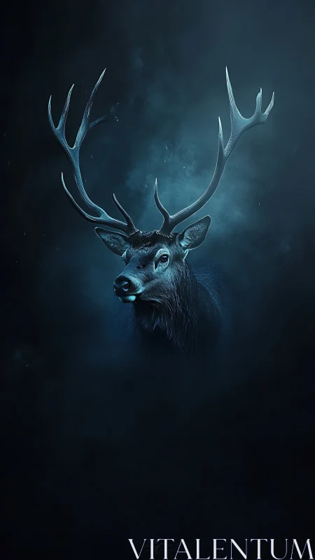 Stag head with extended antlers in blue-toned darkness.