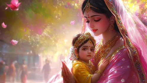 Digital painting of Indian mother and child in festive light.