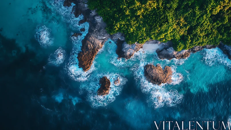 Aerial Coastal Dynamics: Rocky Shoreline with Turbulent Wave Systems.