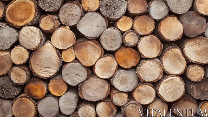 Stacked cut logs display warm rings and natural texture.