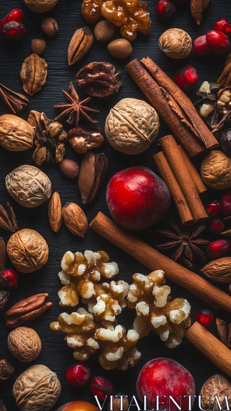 Top view arranges nuts, spices and fruits on dark surface