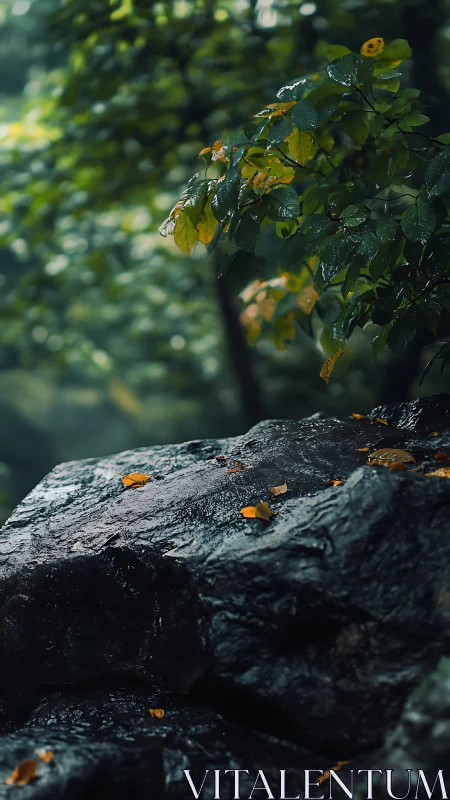 Wet Foliage and Fallen Leaves Rest on Rain-Soaked Stone.