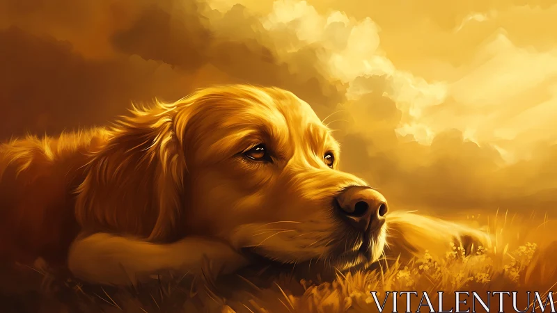 Golden daydream hound resting beneath a honeyed sky.