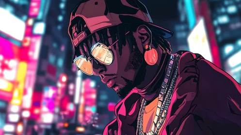 Neon-drenched street poet in mirrored city lights. Period.