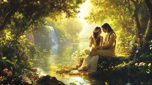 Enchanted riverside couple share quiet love in golden light