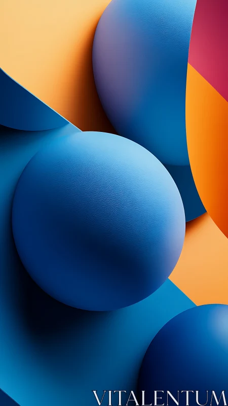 Bold blue spheres against layered orange geometric fields.