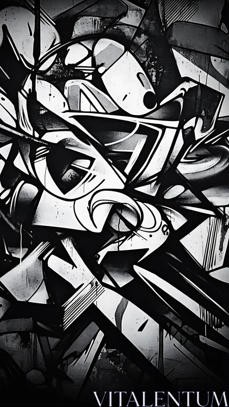 Monochrome angular graffiti composition occupies vertical wall