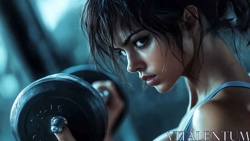 Focused athletic woman lifting dumbbell in dramatic lighting, cinematic style.