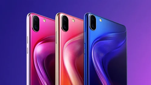 Gradient color smartphones with dual cameras in a row.