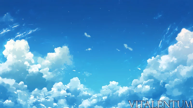 Digital painting of luminous cumulus clouds in open sky panorama.