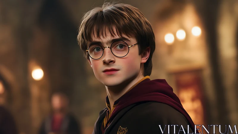 Young wizard in candlelit hall gazes ahead thoughtfully.