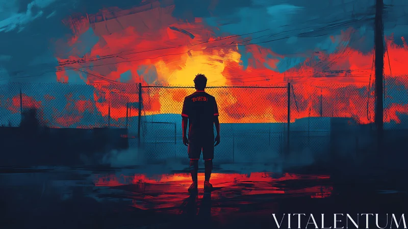 Silhouette of lone figure before chain-link fence at sunset.