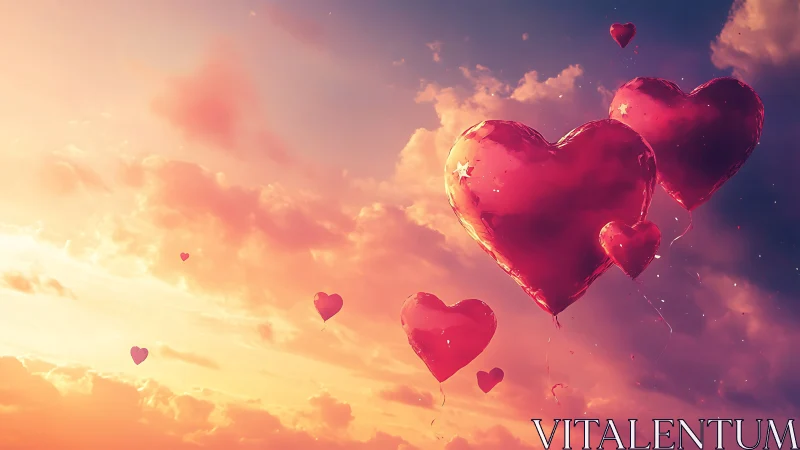 Red heart balloons floating against sunset clouds sky