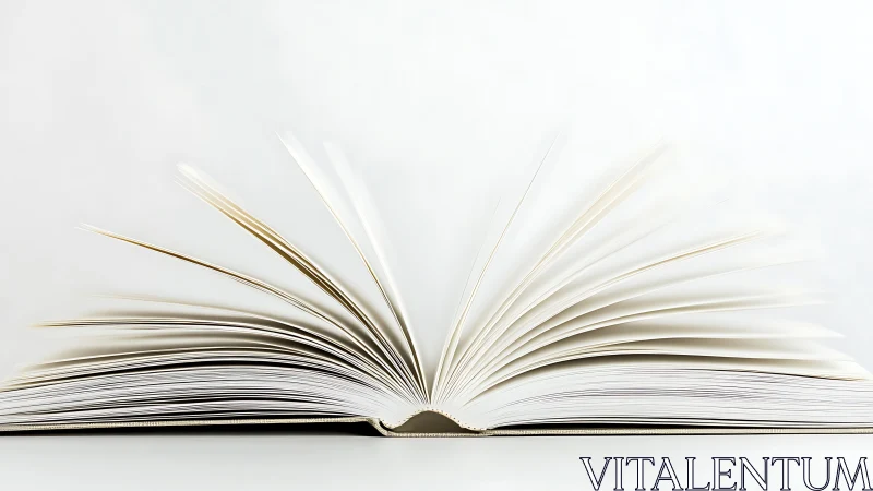 Minimalist photoreal open book with fanned pages, white backdrop