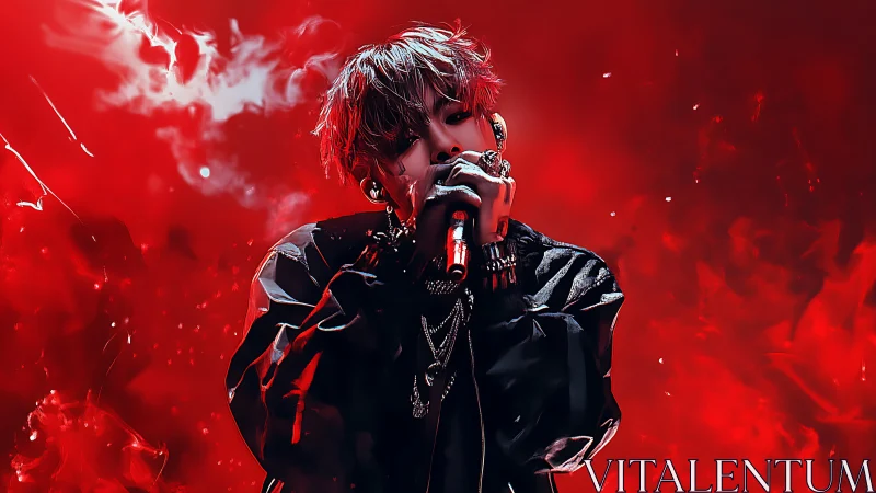Dynamic red-lit vocalist commands the stage in smoky haze