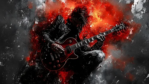 Silhouetted guitarist with electric guitar amid red abstract field.