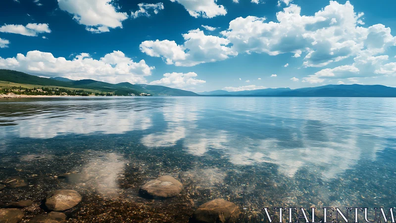 Serene mountain lake reflects drifting clouds in clear daylight.