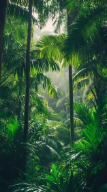 Sunlit tropical canopy bathed in emerald glow.