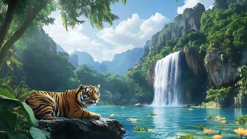 Tiger resting by turquoise jungle waterfall in sunlight.