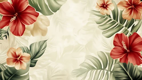 Tropical Floral Border with Red Hibiscus and Foliage.
