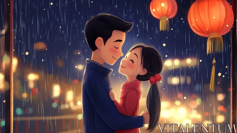 Rainy Night Romance. Couple Under Lanterns.