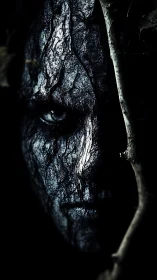 High-contrast bark-textured humanoid face in deep shadows