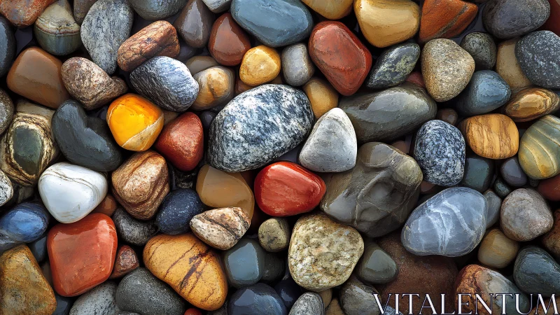 Colorful wet river pebbles form dense textured surface